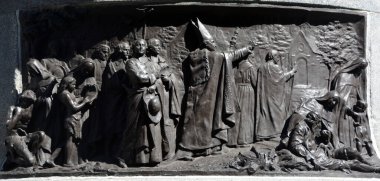 QUEBEC CITY QUEBEC CANADA 08 25 20: Details of Monseigneur Francois de Montmorency-Laval Monument the first Roman Catholic bishop of Quebec (1623-1708), first bishop of Quebec city