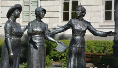 QUEBEC CITY CANADA 08 20 2020: MONUMENT IN TRIBUTE TO WOMEN IN POLITICS of Idola Saint-Jean , Marie Lacoste-Gerin-Lajoie and Therese Forget-Casgrain