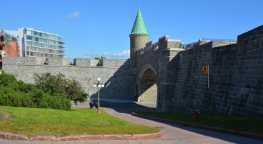 QUEBEC CITY QUEBEC CANADA 08 23 2020: Porte Saint Jean (Saint John's Gate) part of Old Quebec, a UNESCO world heritage treasure