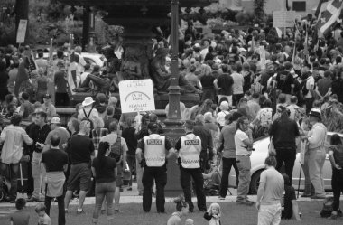 QUEBEC CITY QUEBEC CANADA 08 22 2020: Thousands protest Quebec's mask regulations in front the provincial parliament