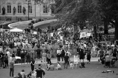 QUEBEC CITY QUEBEC CANADA 08 22 2020: Thousands protest Quebec's mask regulations in front the provincial parliament