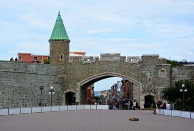 QUEBEC CITY, CANADA 08 23 2020: Porte Saint Jean (Saint John's Gate) part of Old Quebec, a UNESCO world heritage treasure