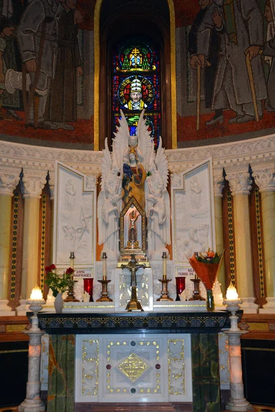 BEAUPRE QUEBEC CANADA 08 24 2020: Stained glass window Basilica of Sainte-Anne-de-Beaupre is a basilica, It has been credited by the Catholic Church with many miracles of curing the sick and disabled