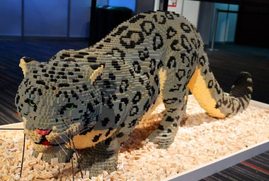 MONTREAL QUEBEC CANADA 12 13 2021: Snow leopard at the super powers of animals with more than 30 monumental creations composed of millions of LEGO bricks.