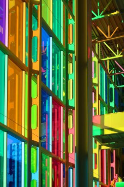 MONTREAL QUEBEC CANADA 12 13 2021: Colorful windows of the Palais des congres de Montreal is a convention centre in Montreal's Quartier international at the north end of Old Montreal.