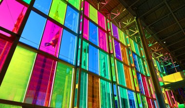 MONTREAL QUEBEC CANADA 12 13 2021: Colorful windows of the Palais des congres de Montreal is a convention centre in Montreal's Quartier international at the north end of Old Montreal.