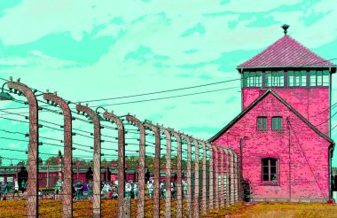 AUSCHWITZ BIRKENAU POLAND 09 17 17: Auschwitz concentration camp main entrance sign illustration pop-art background icon with color spot