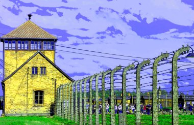 AUSCHWITZ BIRKENAU POLAND 09 17 17: Auschwitz concentration camp main entrance sign illustration pop-art background icon with color spot