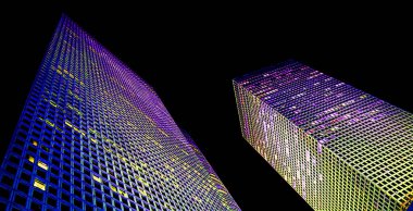 Gökdelenlerin alttaki görünümü renk benekli pop-art arkaplanı