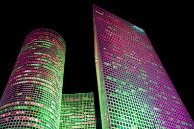 bottom view of skyscrapers illustration pop-art background with color spots