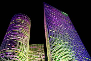 bottom view of skyscrapers illustration pop-art background with color spots