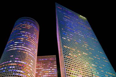 bottom view of skyscrapers illustration pop-art background with color spots