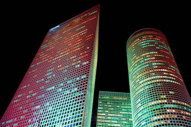 bottom view of skyscrapers illustration pop-art background with color spots