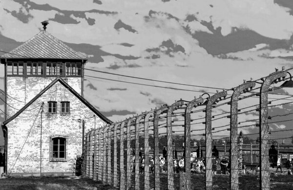 AUSCHWITZ BIRKENAU POLAND 09 17 17: Auschwitz concentration camp main entrance sign illustration pop-art background icon with color spot