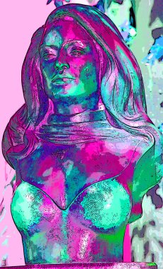 PARIS, FRANCE OCTOBER 19 2014: Bronze bust of singer, actress Dalida (Yolande Gigliotti 1933-1987) was an Italian Egyptian singer sign illustration pop-art background icon with color spots