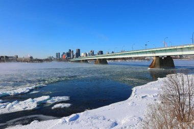 scenic landscape of frozen river on sunny winter day