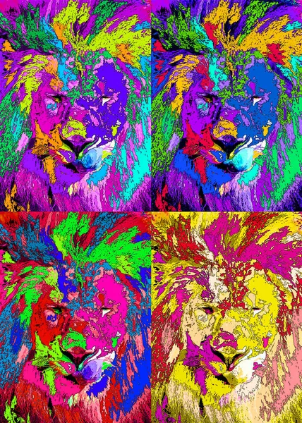 Lion head illustration in pop art style, icon with color