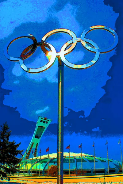 Montreal Quebec Canada Montreal Olympic Stadium Tower Olympic Rings Cauldron — Fotografie, imagine de stoc