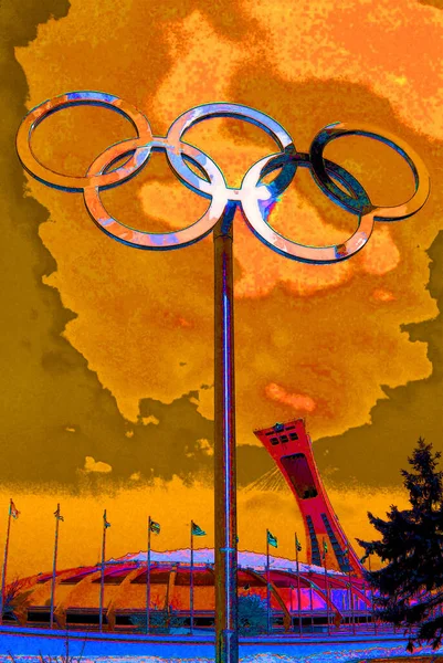 Montreal Quebec Canada Montreal Olympic Stadium Tower Olympic Rings Cauldron — Stockfoto