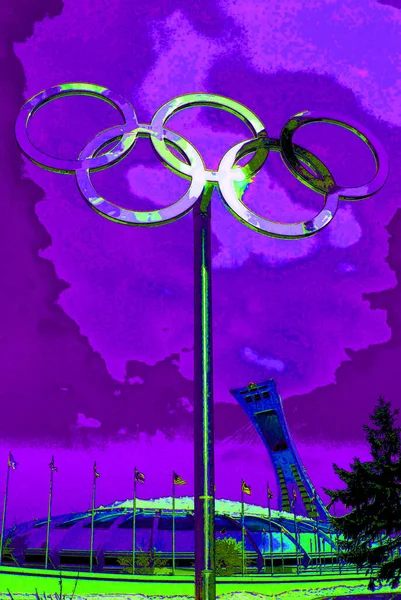 Montreal Quebec Canada Montreal Olympic Stadium Tower Olympic Rings Cauldron — Fotografie, imagine de stoc