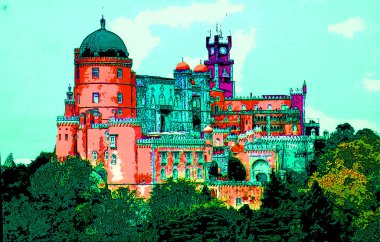 ancient beautiful castle illustration background with color spots
