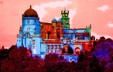 ancient beautiful castle illustration background with color spots