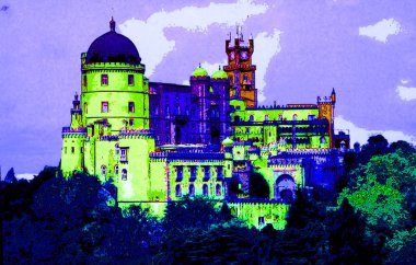 ancient beautiful castle illustration background with color spots
