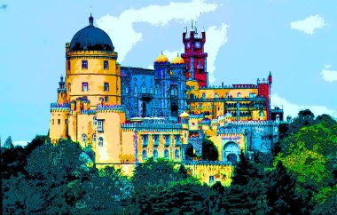 ancient beautiful castle illustration background with color spots