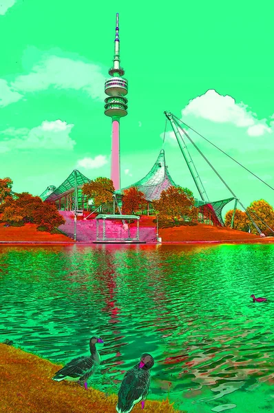 德国慕尼黑 六月十二日 德国慕尼黑奥林匹克公园的体育场塔 是为展示流行艺术背景的1972年夏季奥运会标志而建造的奥林匹克公园 — 图库照片