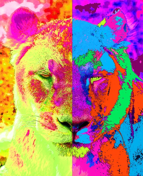Lion Illustration Pop Art Background Color Spots — 스톡 사진