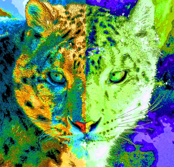 雪豹标志图为带有色斑的流行艺术背景图标 — 图库照片