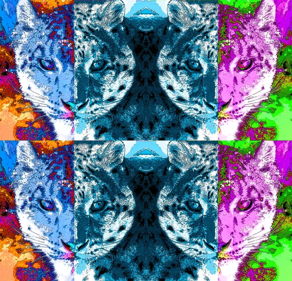 Sneeuwluipaard Teken Illustratie Pop Art Achtergrond Pictogram Met Kleurvlekken — Stockfoto