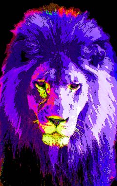 Pop sanat tarzında aslan başı illüstrasyonu, renkli simge