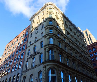 bottom view of old downtown buildings