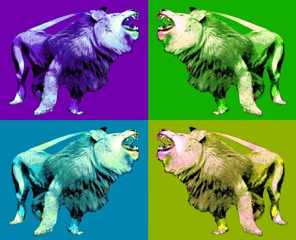 Lion Head Illustration Pop Art Style Set Icon Color — ストック写真