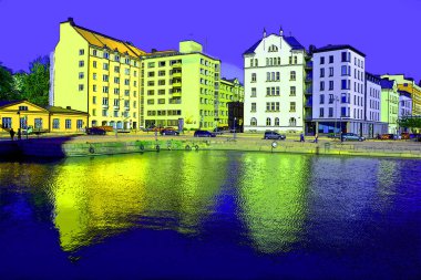 HELSINKI FINLAND 09 25 2015: Pohjoisranta is located in center and runs along northern harbor sign illustration pop-art background icon with color spots