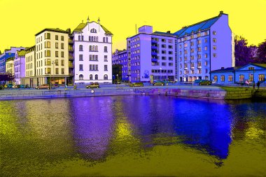 HELSINKI FINLAND 09 25 2015: Pohjoisranta is located in center and runs along northern harbor sign illustration pop-art background icon with color spots