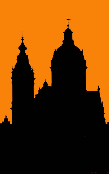 圣尼古拉斯大教堂坐落在阿姆斯特丹旧中心区的一个带有色彩的流行艺术背景图标标识上 — 图库照片