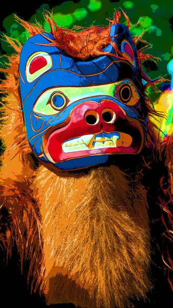 Victoria Canada 2015 Indián Tradičním Kostýmu Nést Dřevěnou Masku Znamení — Stock fotografie