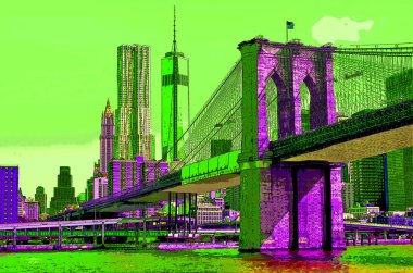 NEW YORK CITY UNITED STATES OF AMERICA 10 27 2013: Financial District penthouses of New York by Frank Gehry, One World Trade Center or Freedom Tower and Brooklyn Bridge sign illustration pop-art