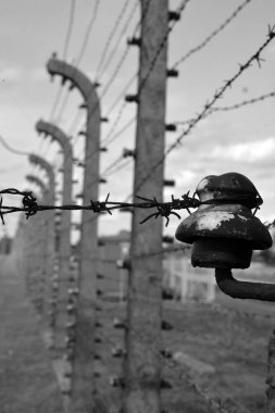 AUSCHWITZ BIRKENAU POLAND 09 17 17: Auschwitz concentration camp fences was a network of German Nazi concentration camps and extermination camps built and operated by the Third Reich in Poland in black and white