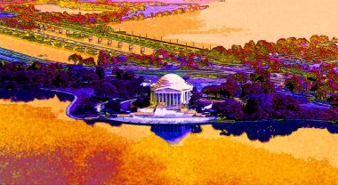 WASHINGTON DC USA 18 081998: Jefferson Memorial, Başkan Franklin D. Roosevelt 'in sponsorluğunda Washington, D.C.' de inşa edilen bir başkanlık anıtıdır. imza illüstrasyon pop sanat
