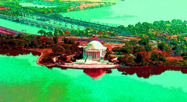 WASHINGTON DC USA 18 081998: Jefferson Memorial, Başkan Franklin D. Roosevelt 'in sponsorluğunda Washington, D.C.' de inşa edilen bir başkanlık anıtıdır. imza illüstrasyon pop sanat