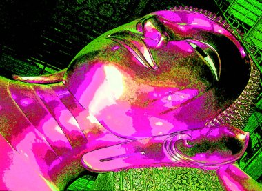 BANGKOK THAILAND 05 17 1999: Wat Pho (Buda Tapınağı), veya Wat Phra Chetupho renkli pop-art arkaplan simgesi