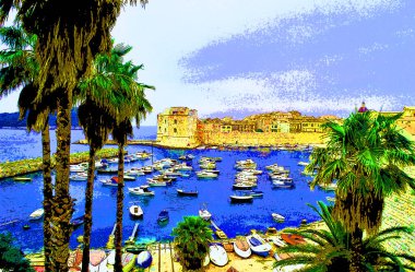 DUBROVNIK CROATIA 06 05 2000: Dubrovnik is a city on the Adriatic Sea in southern Croatia sign illustration pop-art background icon with color spots