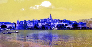 SPLIT, CROATIA 06 10 1999: Hırvatistan 'ın liman ve Split kentinin panoraması ve arkaplandaki açık mavi gökyüzü renk lekeli pop-art arkaplan ikonu