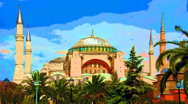 ISTANBUL TURKEY OCTOBER 04 2013: Illustration of a beautiful view of the Aya Sofia Cathedral on Sultanahmet Square background icon with color spots