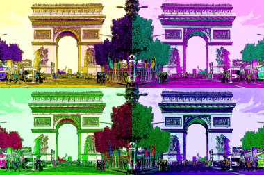 PARIS, FRANCE OKTOBER 17 2013: The Arc de Triomphe de l 'Etoile' Triumphal Arch of the Star 'işareti renkli pop-art arkaplan simgesi 