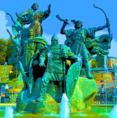 KYIV UKRAINE 09 04 17: Monument to the founders of Kyiv (three brothers - Kiy, Shchek, Horiv and their sister - Libed) in square of independence in Kyiv, Ukraine sign illustration pop-art background