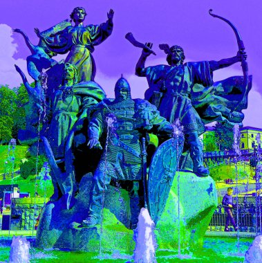 KYIV UKRAINE 09 04 17: Monument to the founders of Kyiv (three brothers - Kiy, Shchek, Horiv and their sister - Libed) in square of independence in Kyiv, Ukraine sign illustration pop-art background